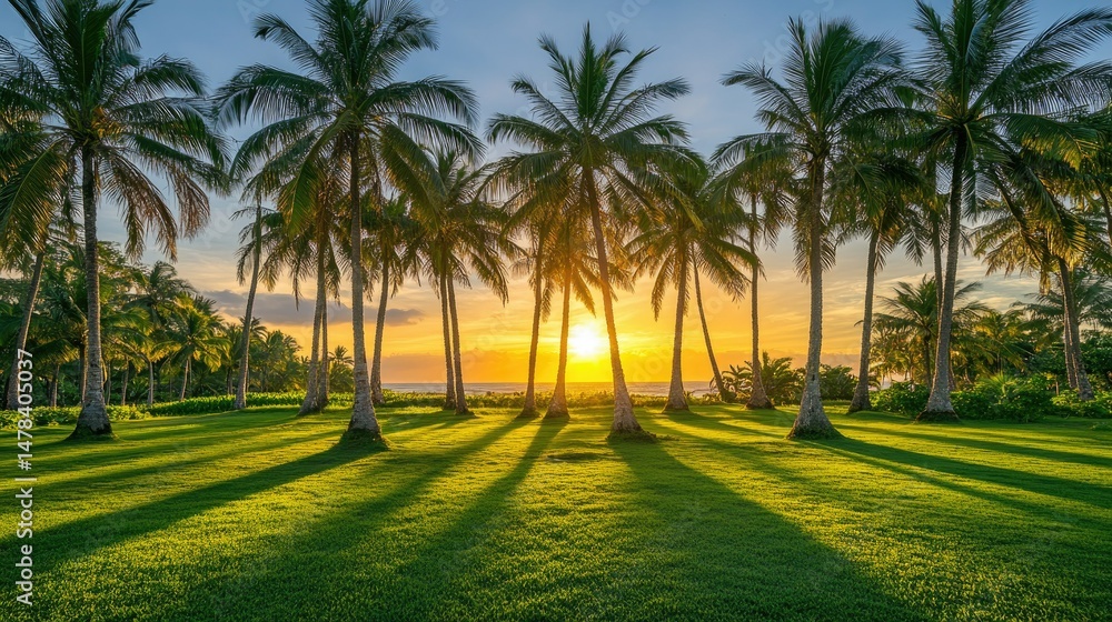 Obraz premium Coconut farm at golden hour, trees casting long shadows and sky glowing warm in the background