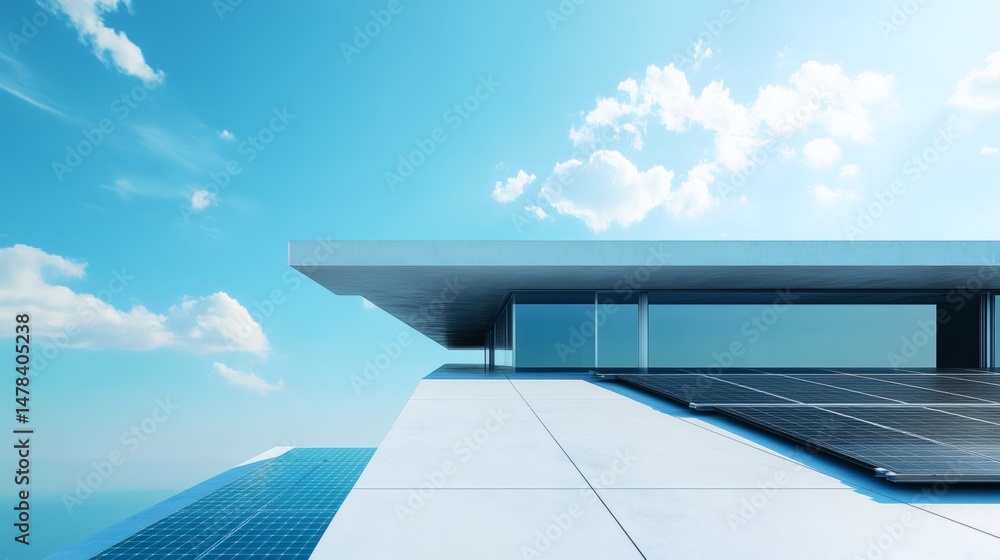 Fototapeta premium Stunning architectural design featuring solar panels against a bright blue sky on a sunny day.