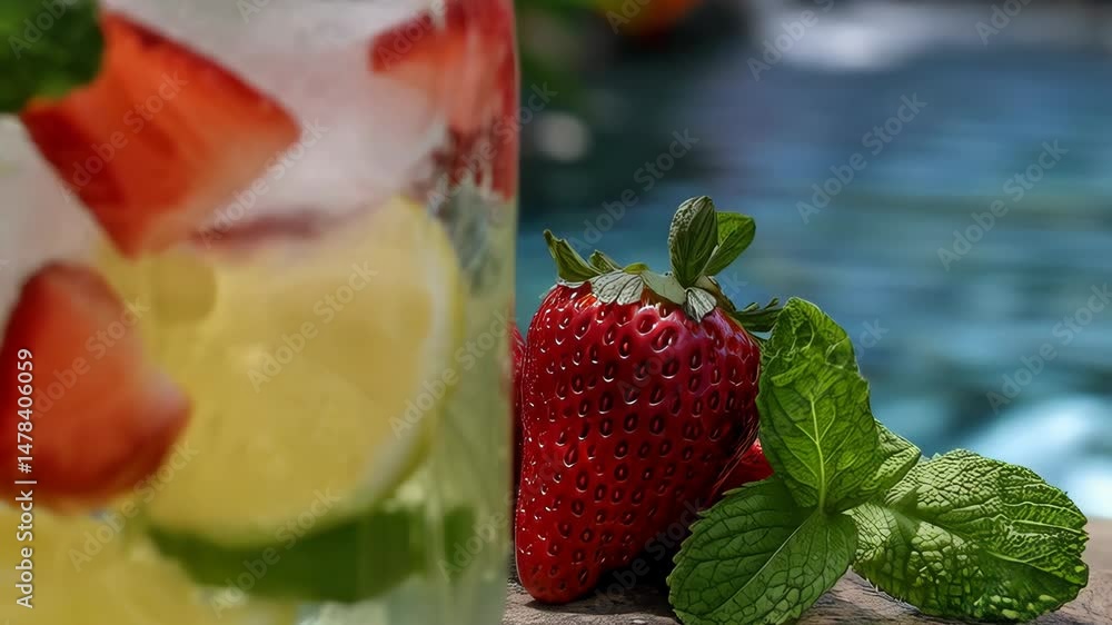 Refreshing fruit infused water with strawberry lemon and mint on a summer day near a small waterfall and colorful flowers. Refreshing fruit infused water with strawberry lemon and mint on a summer day near a small waterfall and colorful flowers.