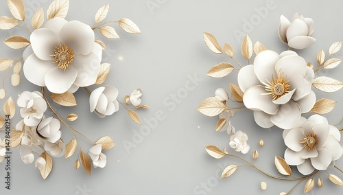 Elegant White And Gold Paper Flowers On Light Gray Background