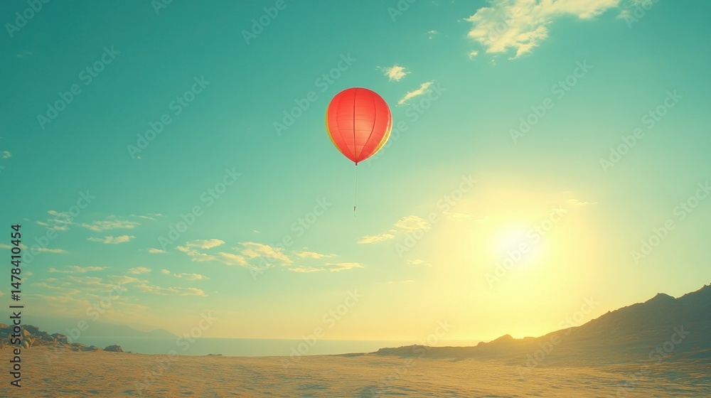 Fototapeta premium Red hot air balloon ascends over desert landscape at sunrise