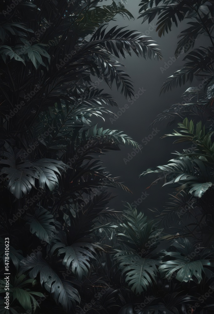 Fototapeta premium Intricate dark foliage, overlapping leaves, mysterious tropical design , texture, depth