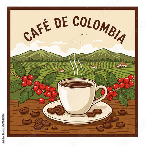 Steaming cup of colombian coffee with coffee beans and plantation in background