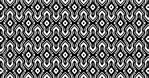 A repeating vector pattern featuring abstract tribal elements with a clean black-and-white contrast. Great for cultural-themed designs and textile art.