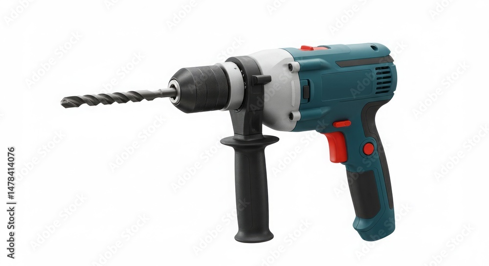 A close-up of a cordless power drill with a drill bit on a white background. A close-up of a cordless power drill with a drill bit on a white background.