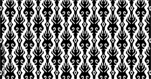 A high-quality seamless vector pattern inspired by traditional ethnic motifs, featuring symmetrical and ornamental black shapes on a white background. Perfect for textile, packaging, wallpaper