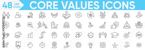 Core values icon set.passion, love, motivation, integrity, customers, empathy, goal, authenticity, autonomy, balance, mission, responsibility, performance and more.Vector and illustrator set.