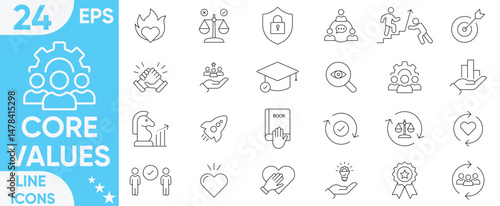 Core values icon set.passion, love, motivation, integrity, customers, empathy, goal, authenticity, autonomy, balance, mission, responsibility, performance and more.Vector and illustrator set.