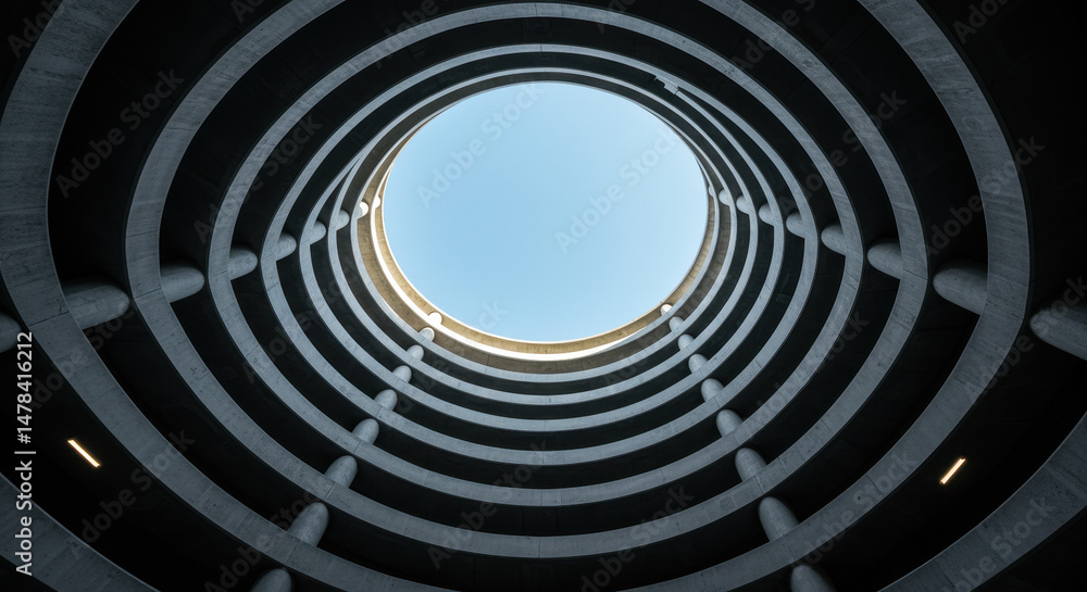 Obraz premium Architectural Ascent: Spiral Garage, Skyward View - Abstract Concrete Design, Urban Architecture, Parking Structure, Modern Art Photography