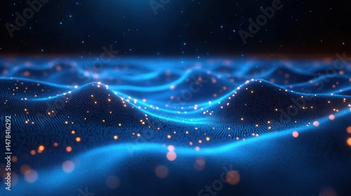 Wallpaper Mural Abstract blue wave landscape with glowing orange particles scattered throughout under a starry dark sky, evoking a futuristic and serene digital environment Torontodigital.ca