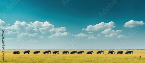 A line of elephants walking through a grassy savanna under a bright blue sky