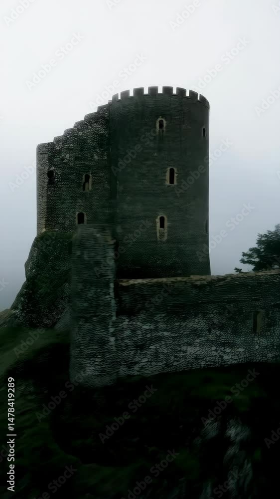 Ancient stone castle shrouded in fog atop a grassy hill with visible battlements and towers creating a mysterious medieval atmosphere. Ancient stone castle shrouded in fog atop a grassy hill with visible battlements and towers creating a mysterious medieval atmosphere.