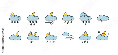 Weather icon compilation with calm, elegant colors cloud, sun, rain, snow, wind, storm, fog, thunder, mist, breeze, cyclone, tornado, blizzard, frost. Used on the website as a cover image for media 