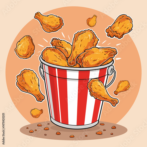 A red-striped bucket overflowing with golden, crunchy fried chicken pieces.
