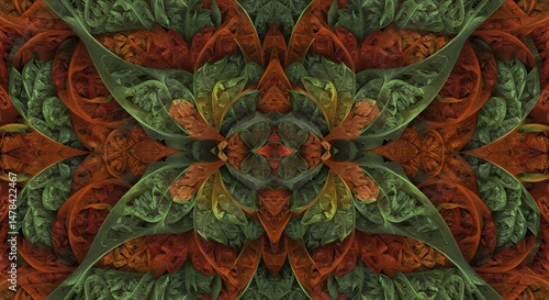 Symmetrical fractal art with leaflike patterns in shades of green and burnt orange