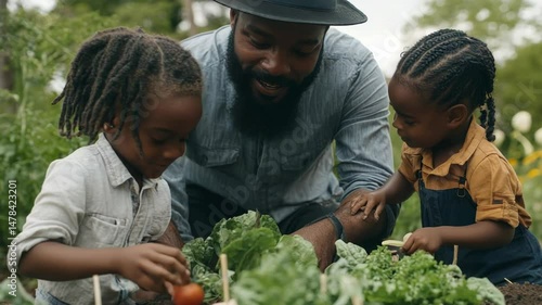 A joyful family gardening together, teaching children about plants and nature in a vibrant, green environment.