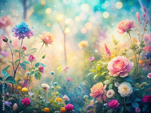 Elegant Hand-Painted Garden Line Art Double Exposure Stock Photo - Botanical Background