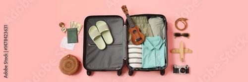 Packed suitcase with travel...