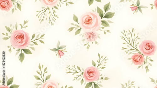 "A Delicate Seamless Pattern of Soft Peach Roses and Green Leaves on a Creamy White Background"