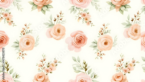 "A Delicate Seamless Pattern of Soft Peach Roses and Green Leaves on a Creamy White Background"