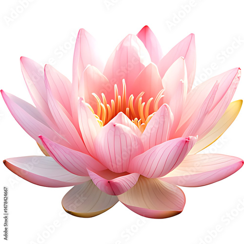A close up view of a pink lotus flower with yellow stamens in the center on a white background