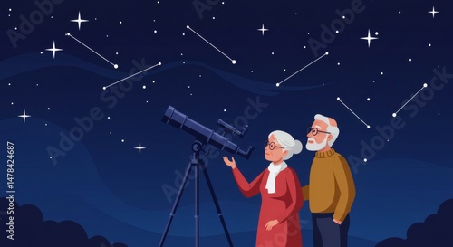 Senior Couple Looking at Star Through Telescope Stargazing Night Illustration