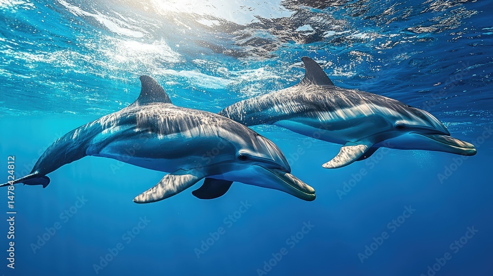 Naklejka premium Two dolphins gracefully swim in deep blue ocean water, sunlight filtering through the surface