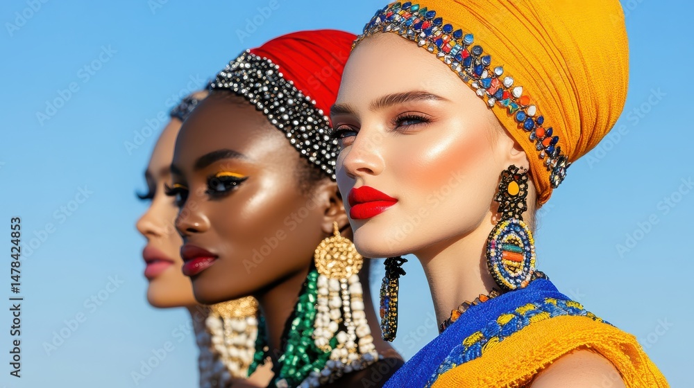 Obraz premium Three women in colorful headwraps and bold jewelry pose confidently against a clear blue sky.