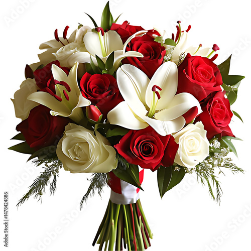 A vibrant bouquet of red roses and white lilies arranged together on a white isolated background