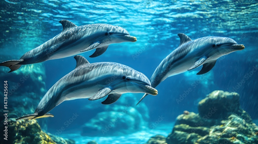 Naklejka premium A pod of dolphins playing in an underwater setting