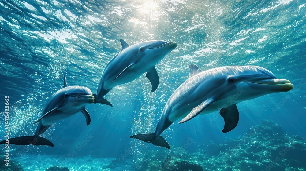 Obraz premium A pod of dolphins playing in an underwater setting