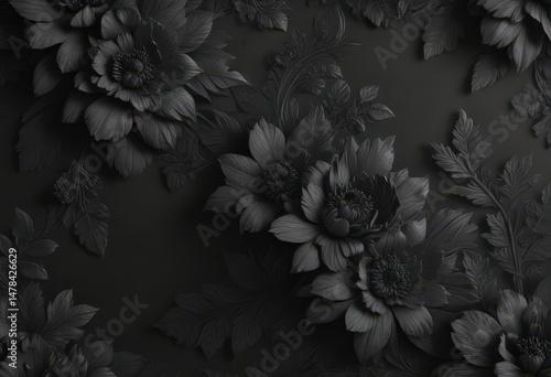Wallpaper Mural Intricate black charcoal floral wallpaper, textured elegance, modern, floral Torontodigital.ca