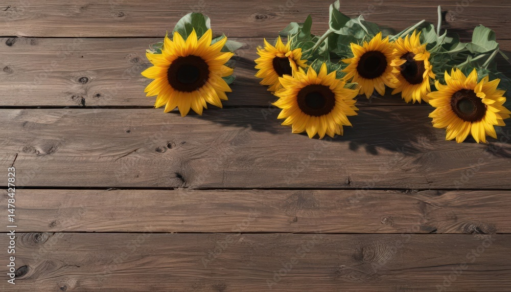 Obraz premium Several sunflowers on weathered wood, shadows cast, rich color , country, close-up, summer