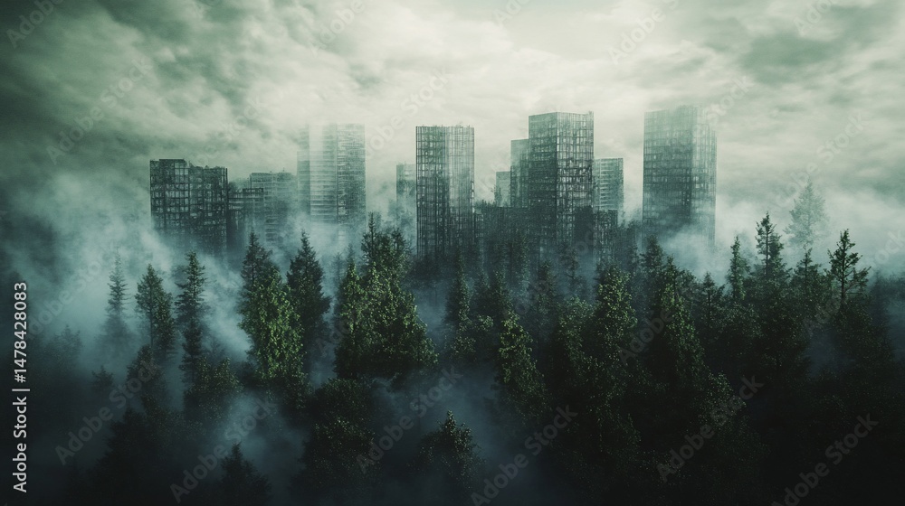 Post-Apocalyptic Urban Landscape, Nature Reclaims Abandoned City Post-Apocalyptic Urban Landscape, Nature Reclaims Abandoned City