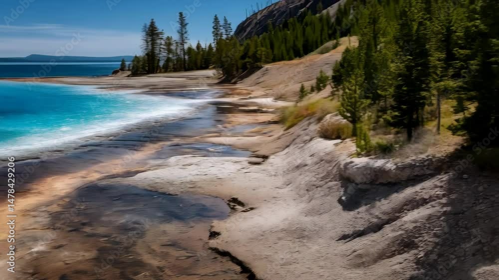 custom made wallpaper toronto digitalGeothermal lake with turquoise waters and mineral deposits, forested shores, and a clear blue sky backdrop on a sunny day
