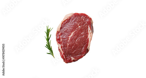 Close up of a raw ribeye steak with a sprig of rosemary on a transparent background studio shot view top