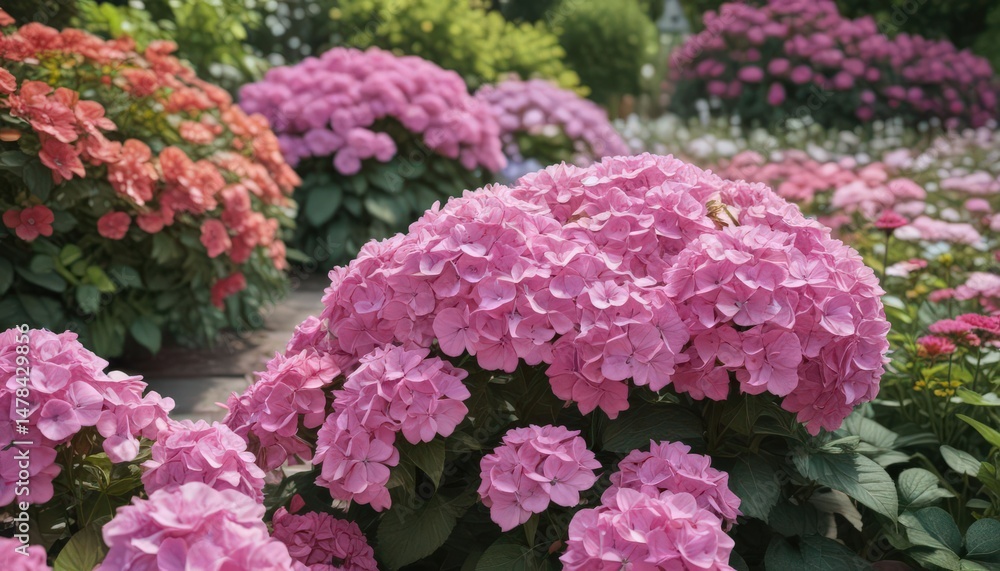 Large pink hydrangea surrounded by colorful annuals, garden setting , design, spring, blue Large pink hydrangea surrounded by colorful annuals, garden setting , design, spring, blue