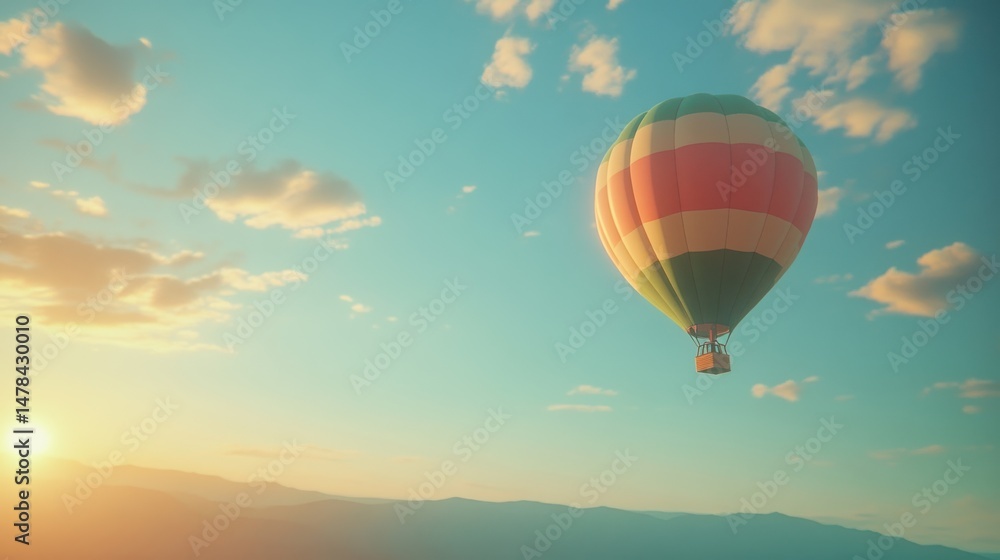 Fototapeta premium Colorful Hot Air Balloon Flying Above Mountains at Sunset with Clear Sky