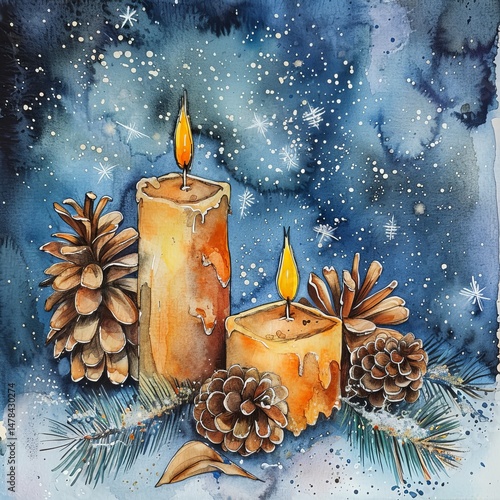 watercolor winter solstice candles and pinecones .