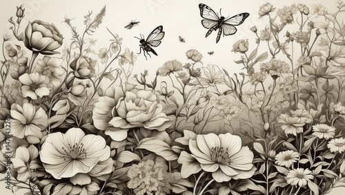"Trio of Vector Floral Bouquets Featuring Black and White Hand-Drawn Herbs, Wildflowers, and Insects"