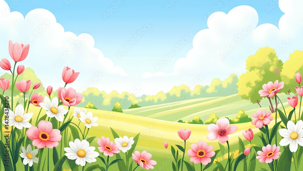 Fototapeta premium spring landscape with flowers and blue sky