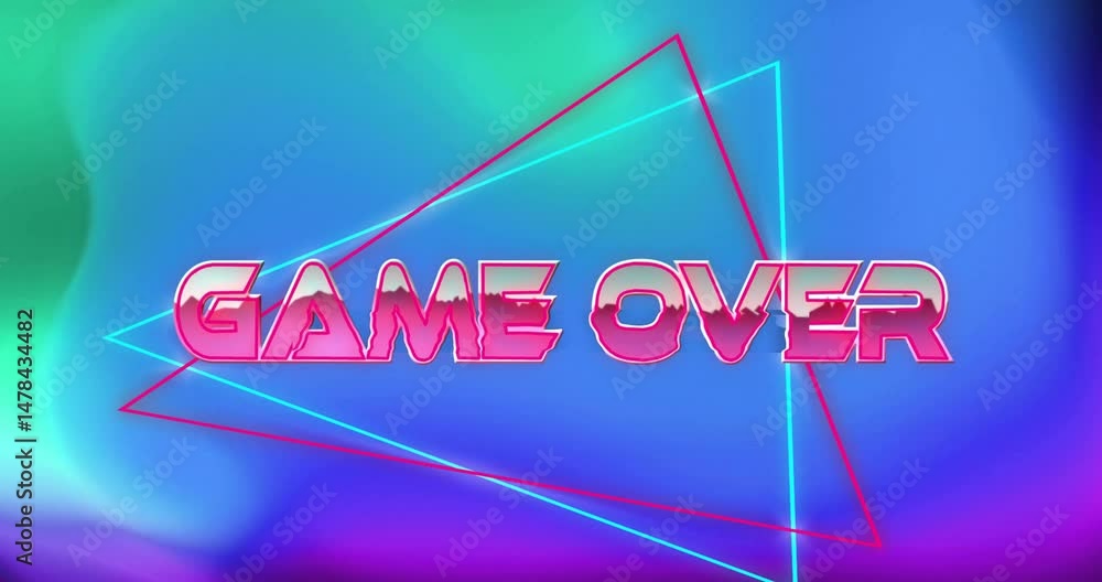 Retro-inspired GAME OVER text floating in neon gradient scene, featuring wireframe triangle shapes