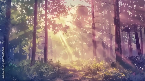 Wallpaper Mural watercolor forest therapy scene with sunlight beams . Torontodigital.ca