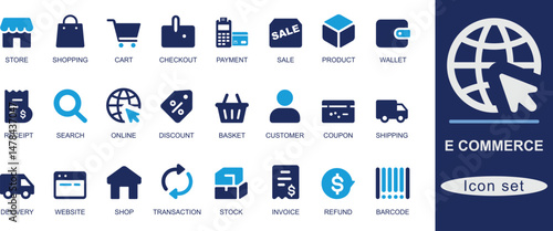E-commerce icon set with cart, payment, checkout, delivery, refund, barcode, and sale icons. Perfect for online store, shopping app, and retail UI design.