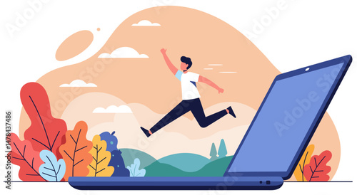 Digital Escape: Man Leaping from Laptop into Nature