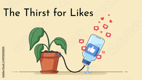 The Thirst for Likes: Social Media Feeds the Ego. Plant with an eyedropper connected to a bottle of social media 'likes' instead of water