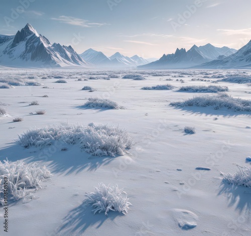 Frozen landscape, snow-covered terrain, icy plains, crystalline frost ,  texture,  wilderness