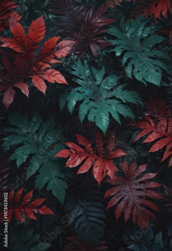 Fototapeta Naklejka Na Ścianę i Meble -  Intricate dark jungle leaves, vibrant emerald, crimson, sapphire hues , crimson red, wallpaper, deep green