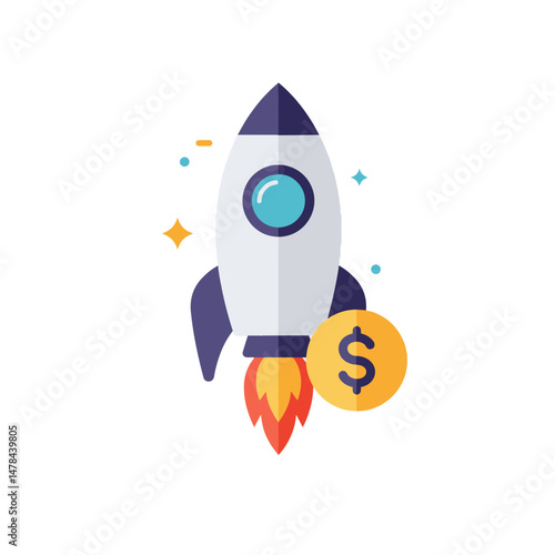 Rocket Launching with Dollar Sign Icon. Vector Illustration. Summer Job, Starting Career concept. Employment, Career Growth, Business Success