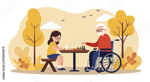 Elderly Father and Daughter Playing Chess in Park. Family bonding, Intergenerational activity, Leisure, Healthcare, Park activity